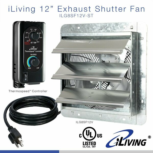 Iliving Silver 12 in. Wall Mounted Shutter Exhaust Fan with Thermospeed Controller, 65-Watt, 960 CFM ILG8SF12V-ST